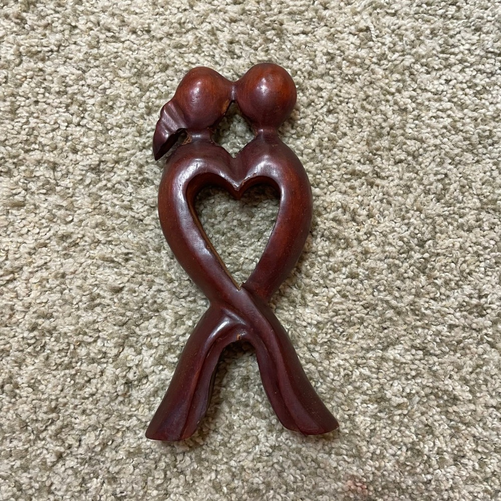 Handcarved Wood Lovers Heart Sculpture Belize Folk Art Romantic Figurine Dark